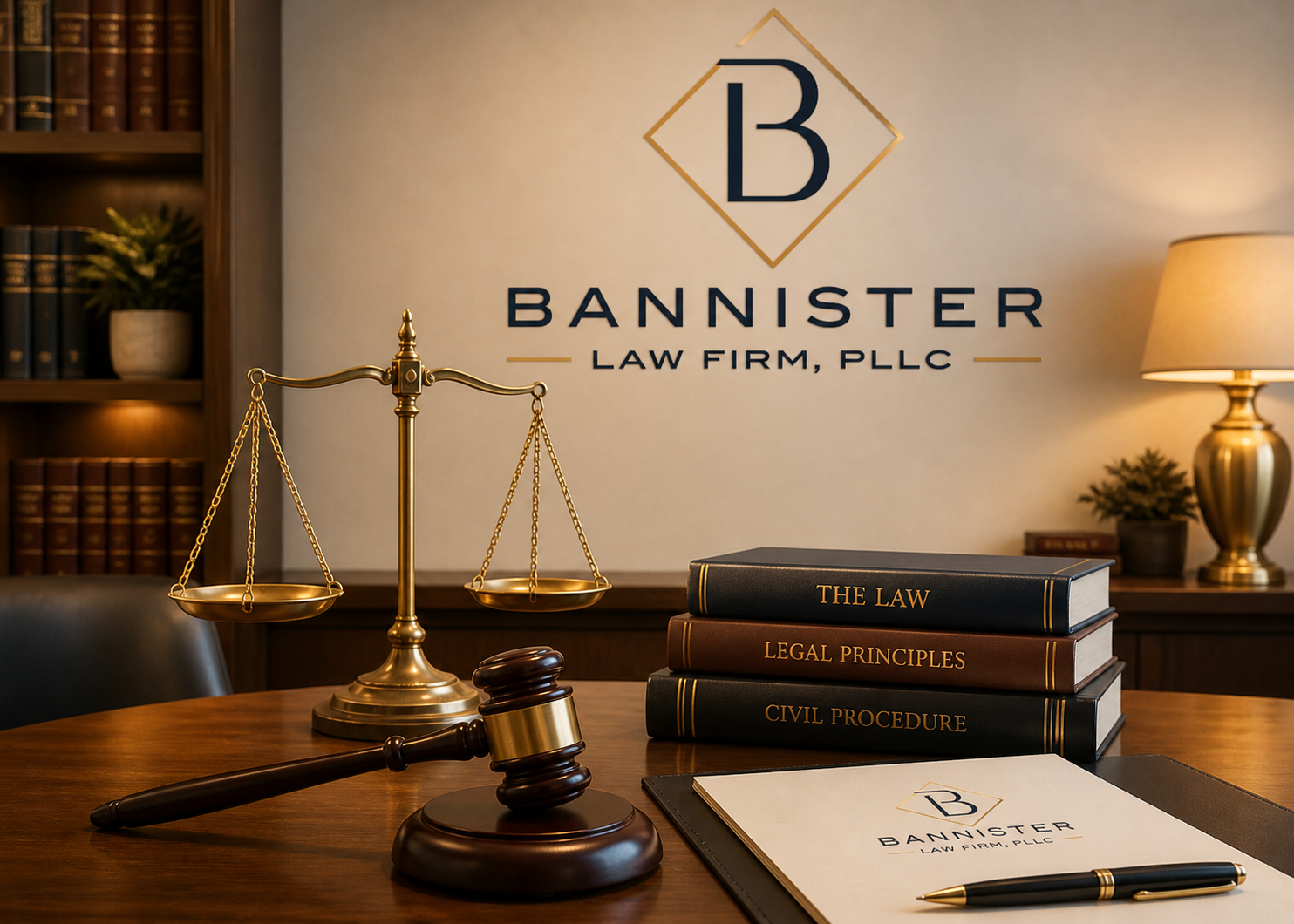Bannister Law Firm office desk with scales and legal books